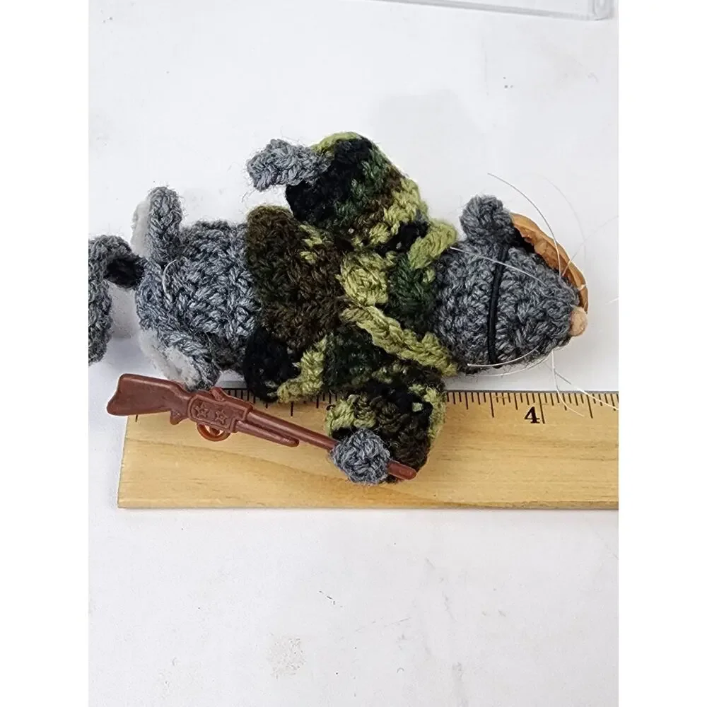 OOAK Handmade Crochet Soldier Gray Mouse w/Camo Jacket Walnut Helmut & Rifle